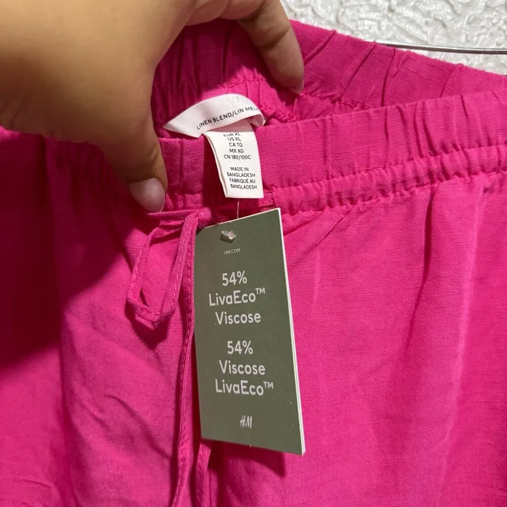 H&M Linen Blend High Waisted Cropped Baggy Pants Hot Pink Women’s Size XL